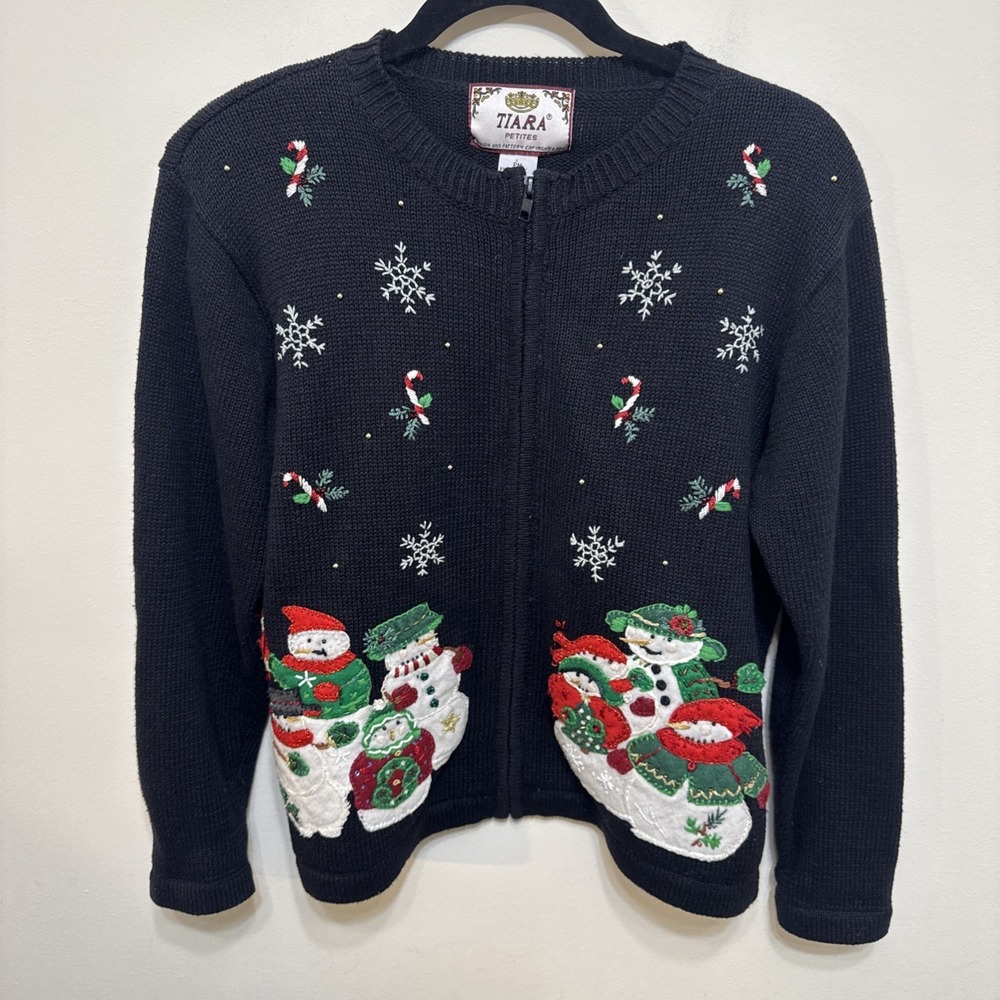 Tiara Petites Sz PM Christmas Vintage Snowman Cardigan Black Zip GUC